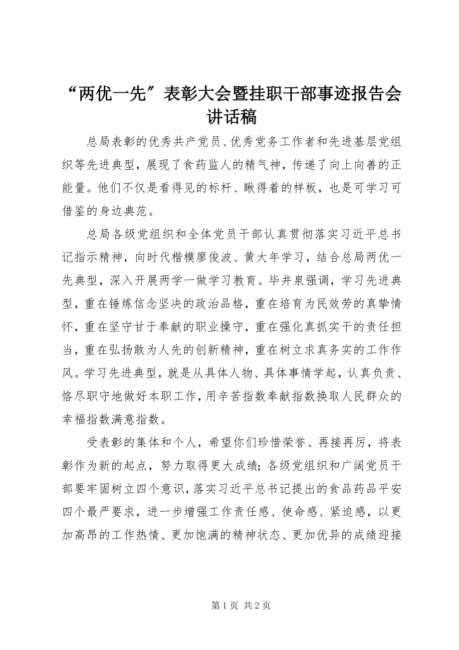 2023年“两优一先”表彰大会暨挂职干部事迹报告会致辞稿新编.docx_第1页