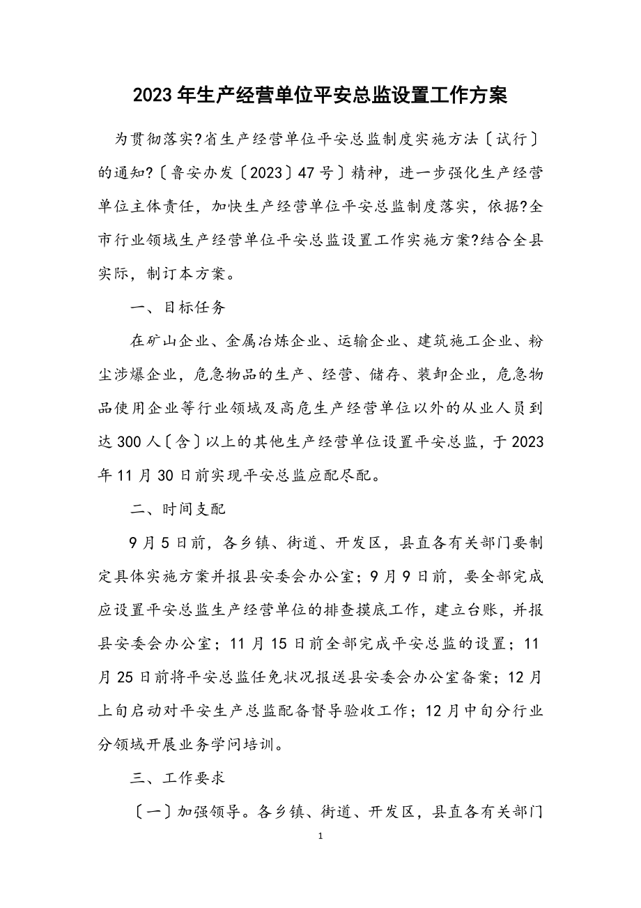 2023年生产经营单位安全总监设置工作方案.docx_第1页