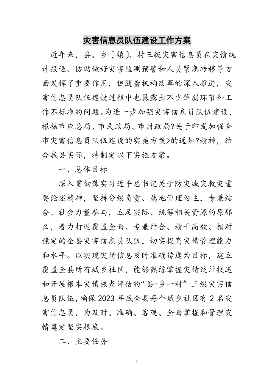 2023年灾害信息员队伍建设工作方案范文.doc_第1页