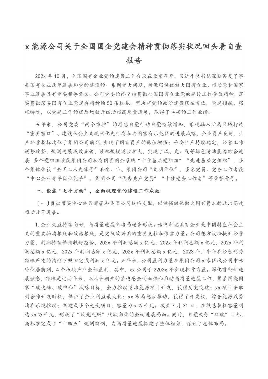 2023年X能源公司关于全国国企党建会精神贯彻落实情况回头看自查报告.doc_第1页