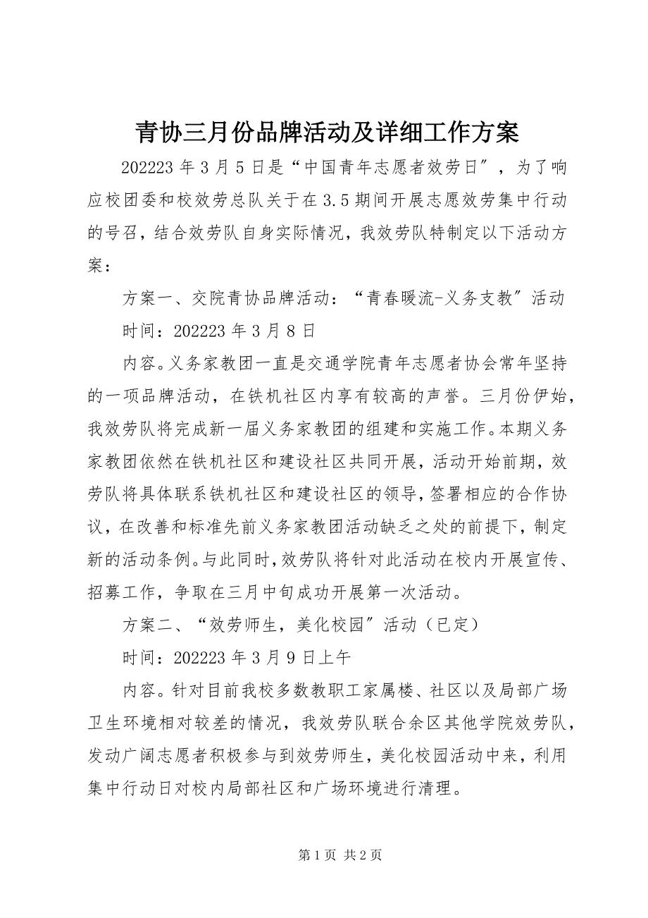 2023年青协三月份品牌活动及详细工作方案.docx_第1页