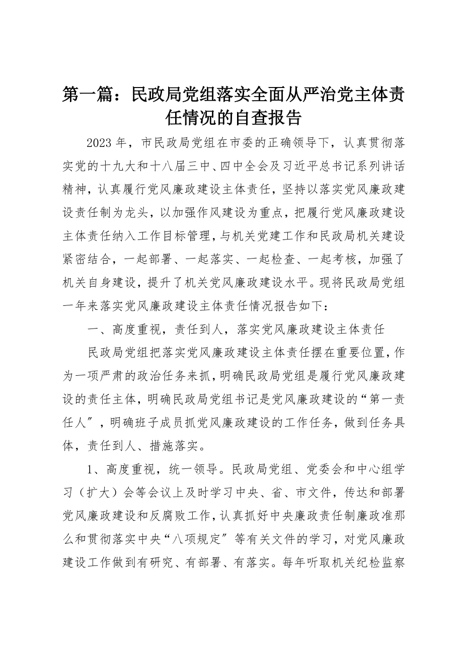 2023年xx民政局党组落实全面从严治党主体责任情况的自查报告新编.docx_第1页