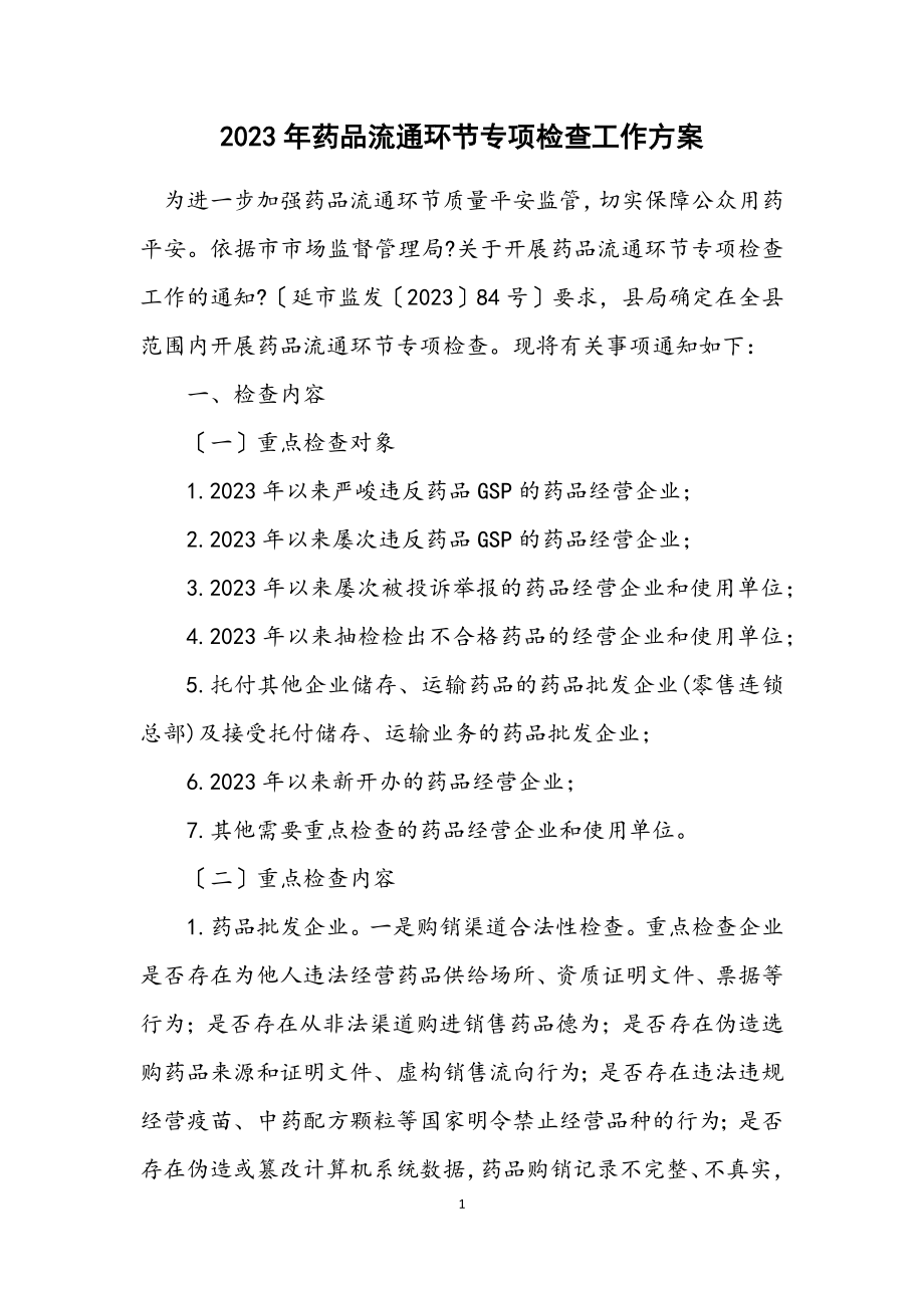 2023年药品流通环节专项检查工作方案.docx_第1页