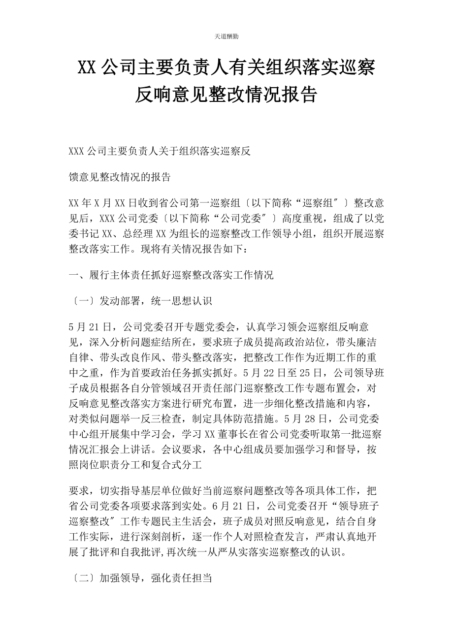 2023年xx公司主要负责人组织落实巡察反馈意见整改情况报告.docx_第1页