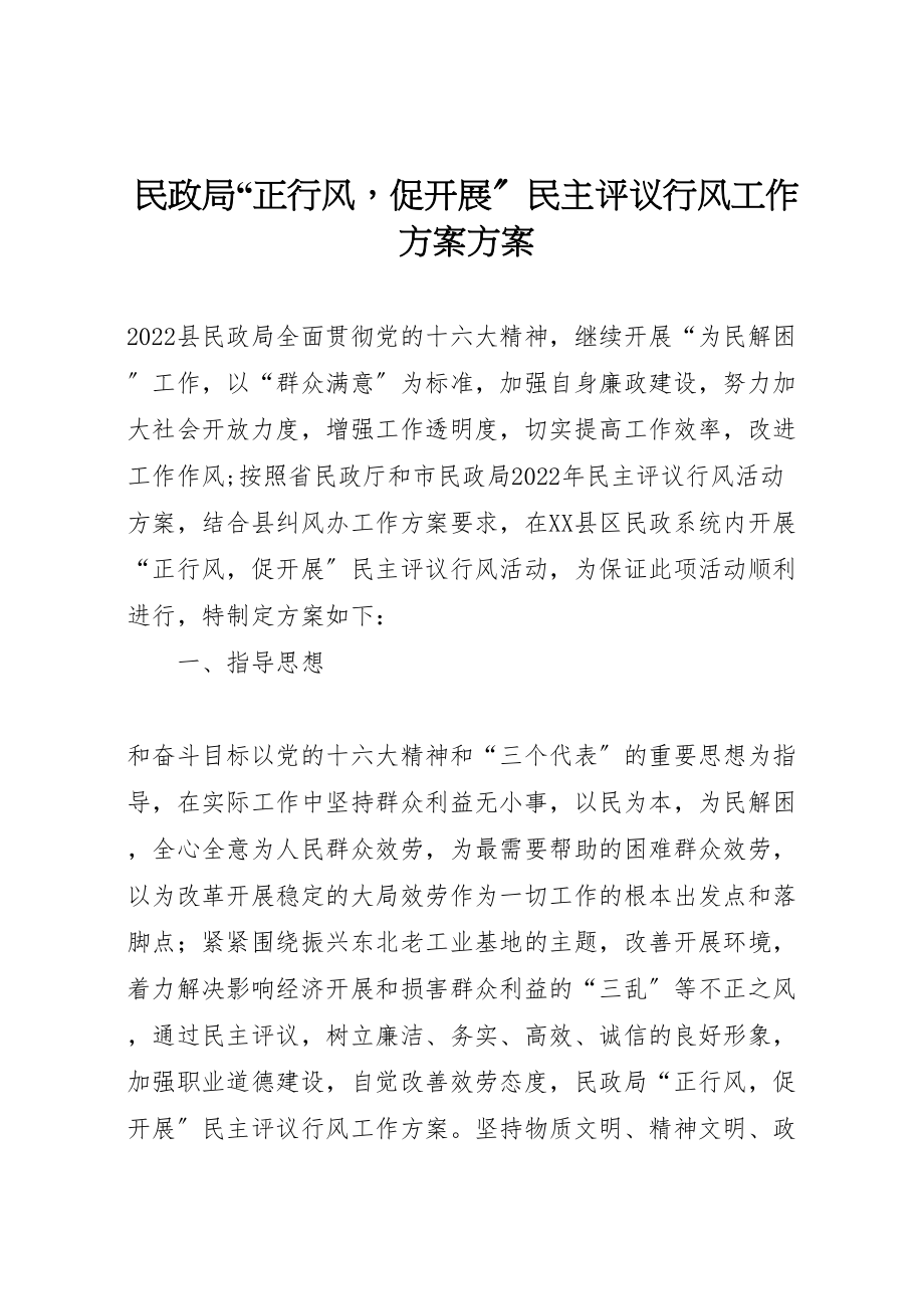 2023年民政局正行风促发展民主评议行风工作方案方案.doc_第1页