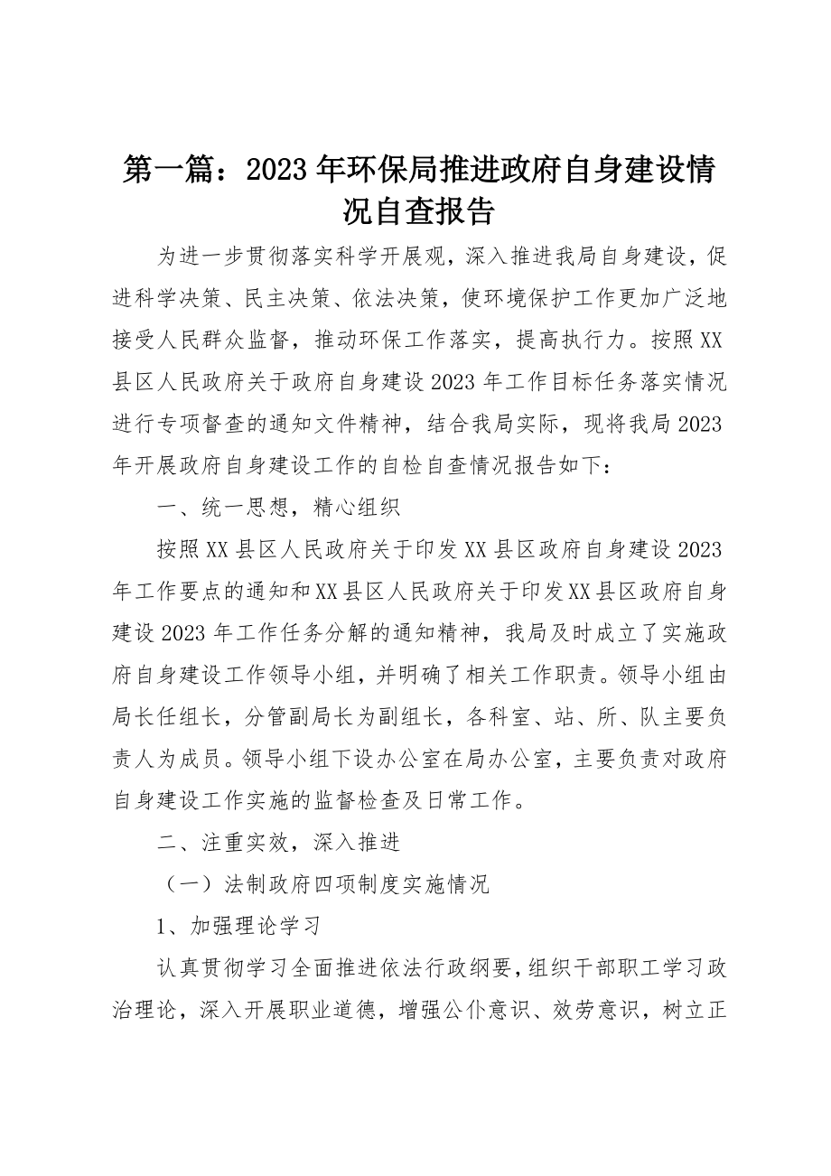 2023年xx某年环保局推进政府自身建设情况自查报告新编.docx_第1页