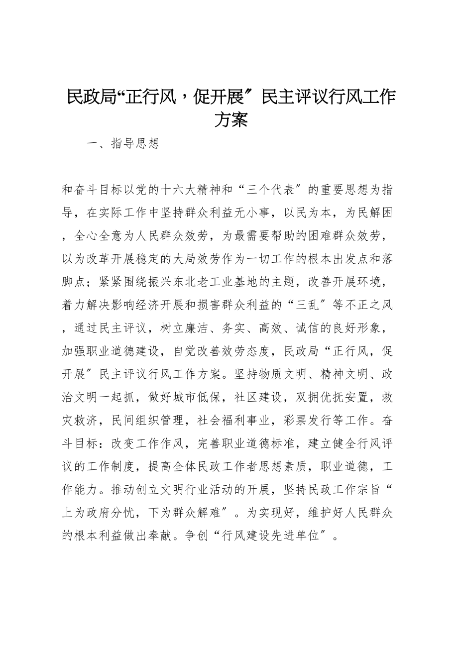 2023年民政局正行风促发展民主评议行风工作方案.doc_第1页