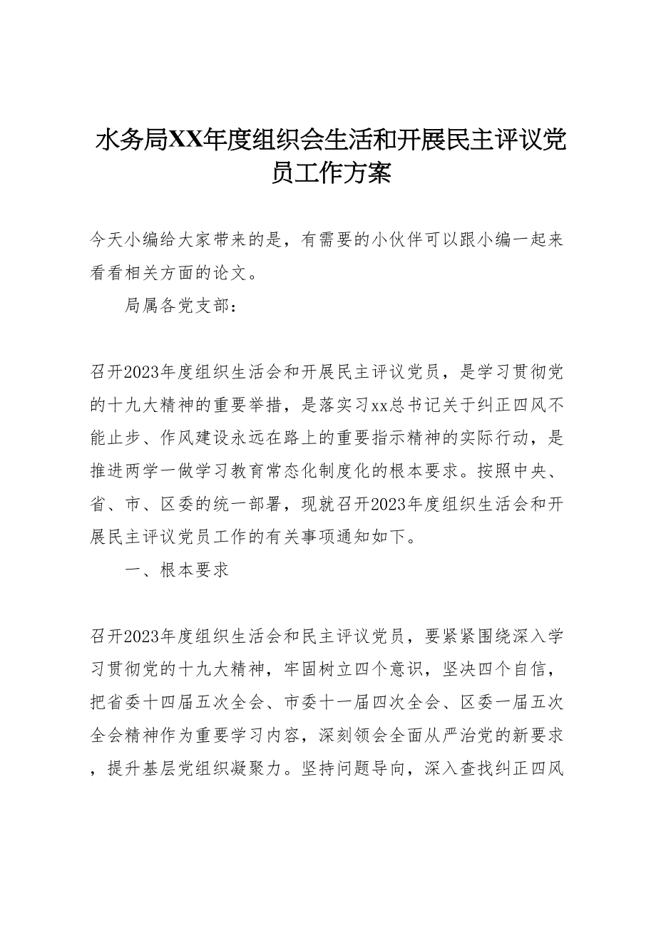 2023年水务局度组织会生活和开展民主评议党员工作方案.doc_第1页