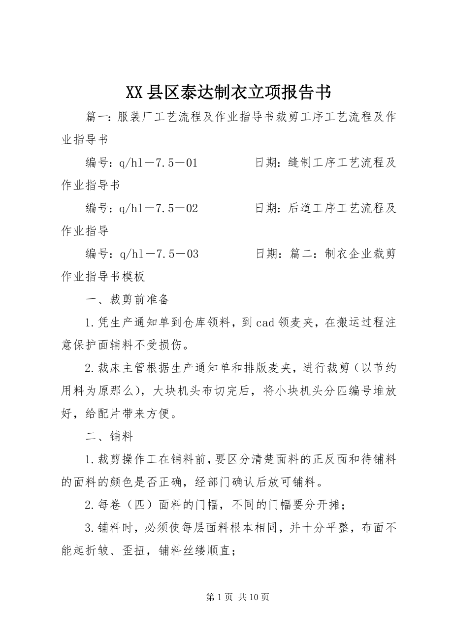 2023年XX县区泰达制衣立项报告书新编.docx_第1页