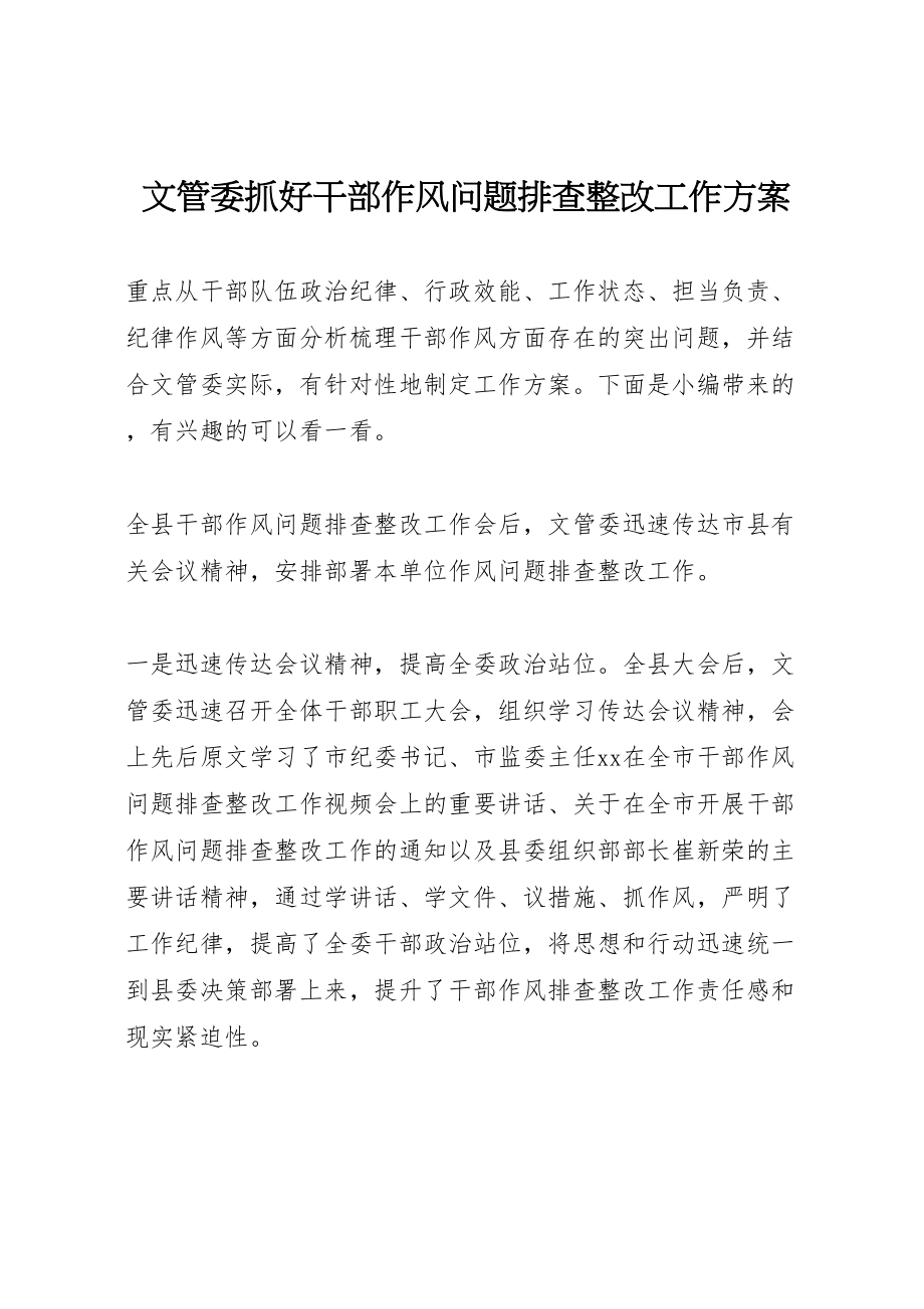 2023年文管委抓好干部作风问题排查整改工作方案.doc_第1页