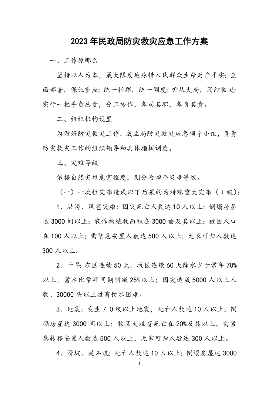 2023年民政局防灾救灾应急工作方案.docx_第1页