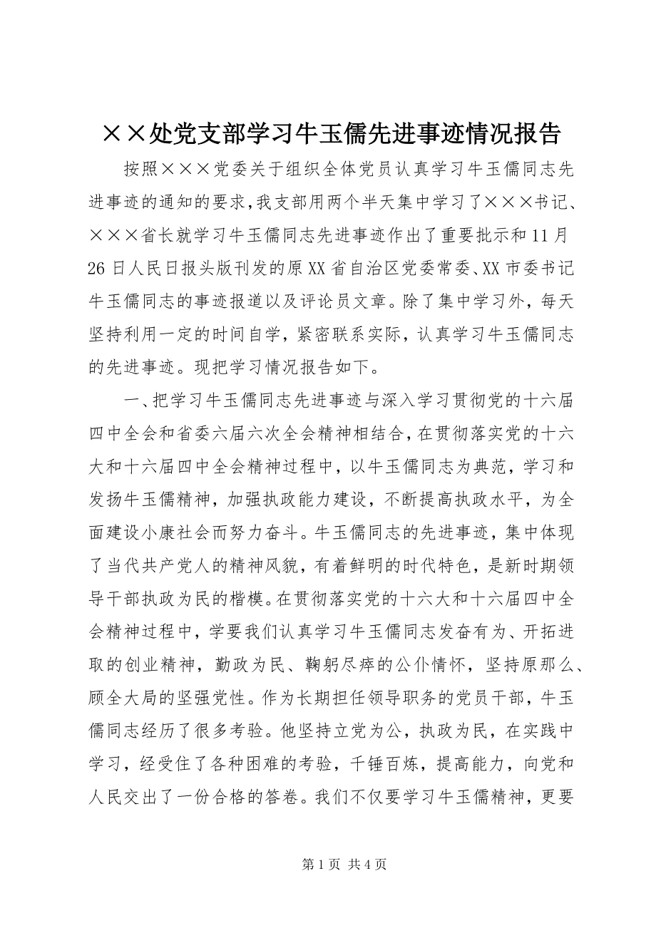 2023年××处党支部学习牛玉儒先进事迹情况报告.docx_第1页