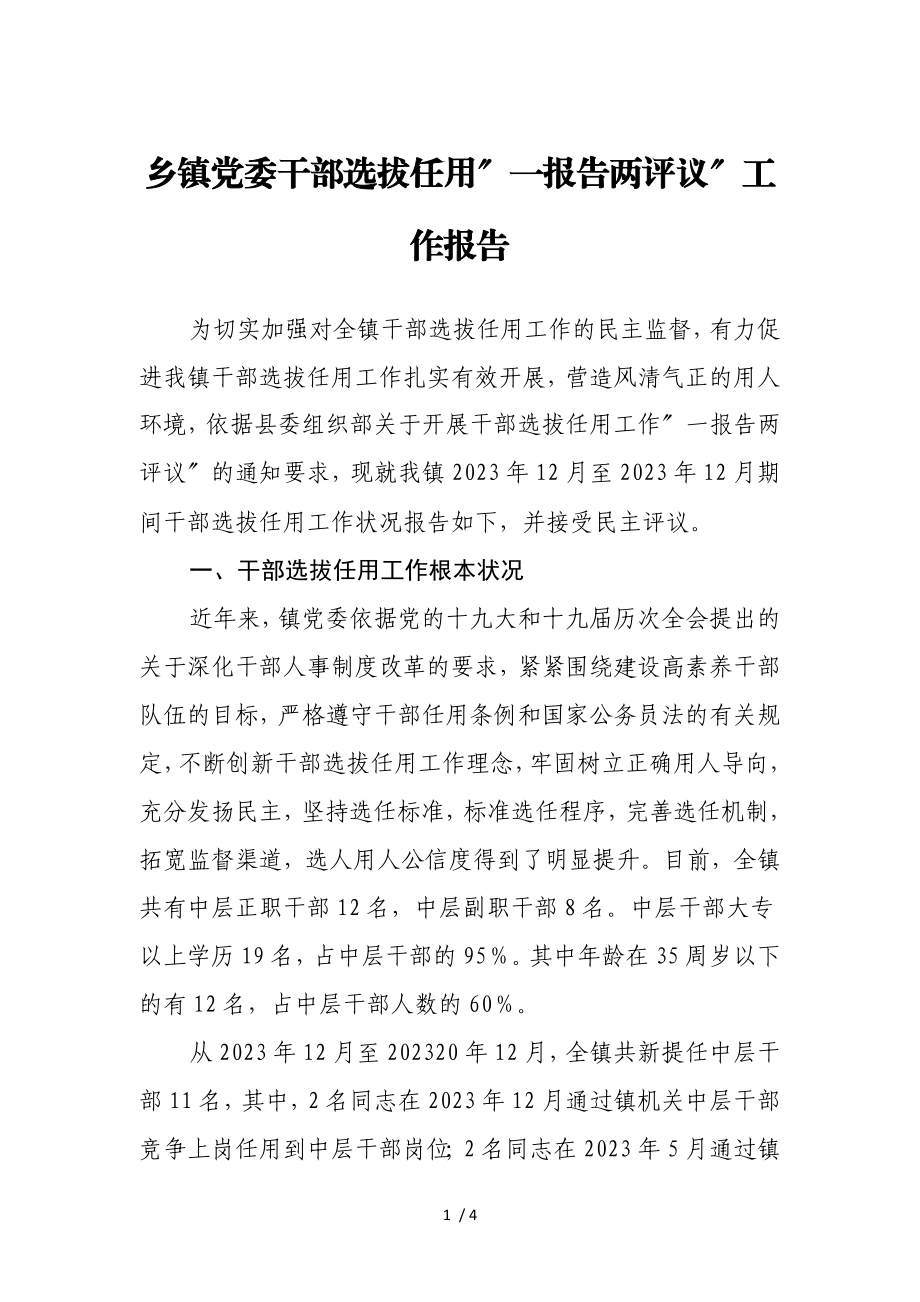 2023年乡镇党委干部选拔任用”一报告两评议”工作报告.doc_第1页