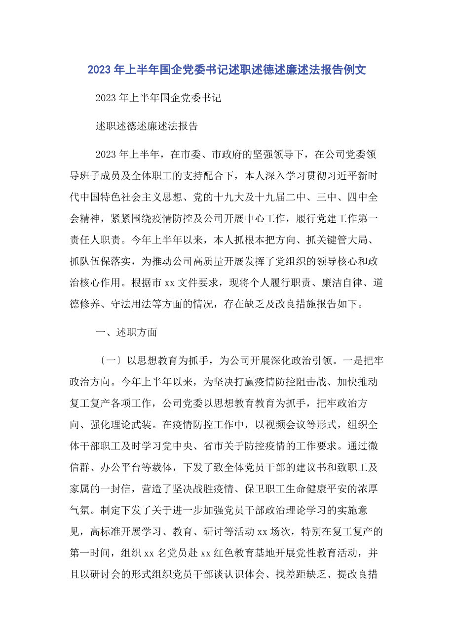 2023年上半年国企党委书记述职述德述廉述法报告例文.docx_第1页