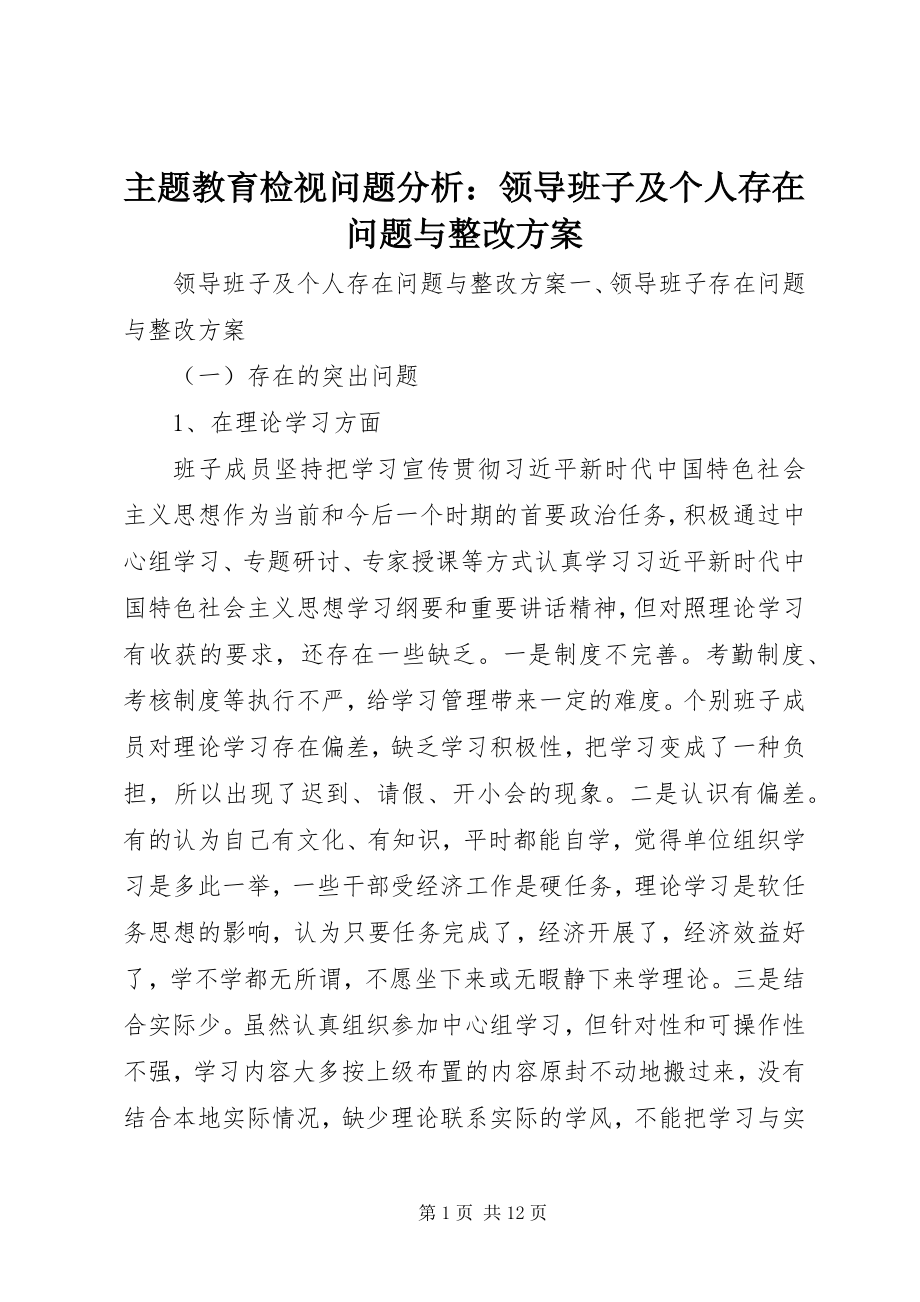 2023年主题教育检视问题分析领导班子及个人存在问题与整改计划.docx_第1页