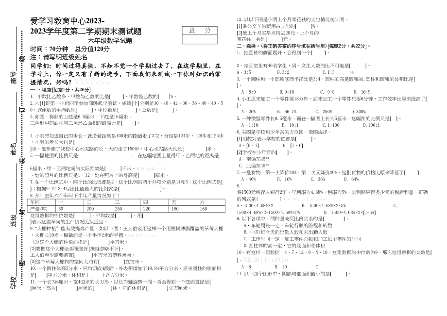 2023年苏教版六年级数学第二学期期末复习题.docx_第1页