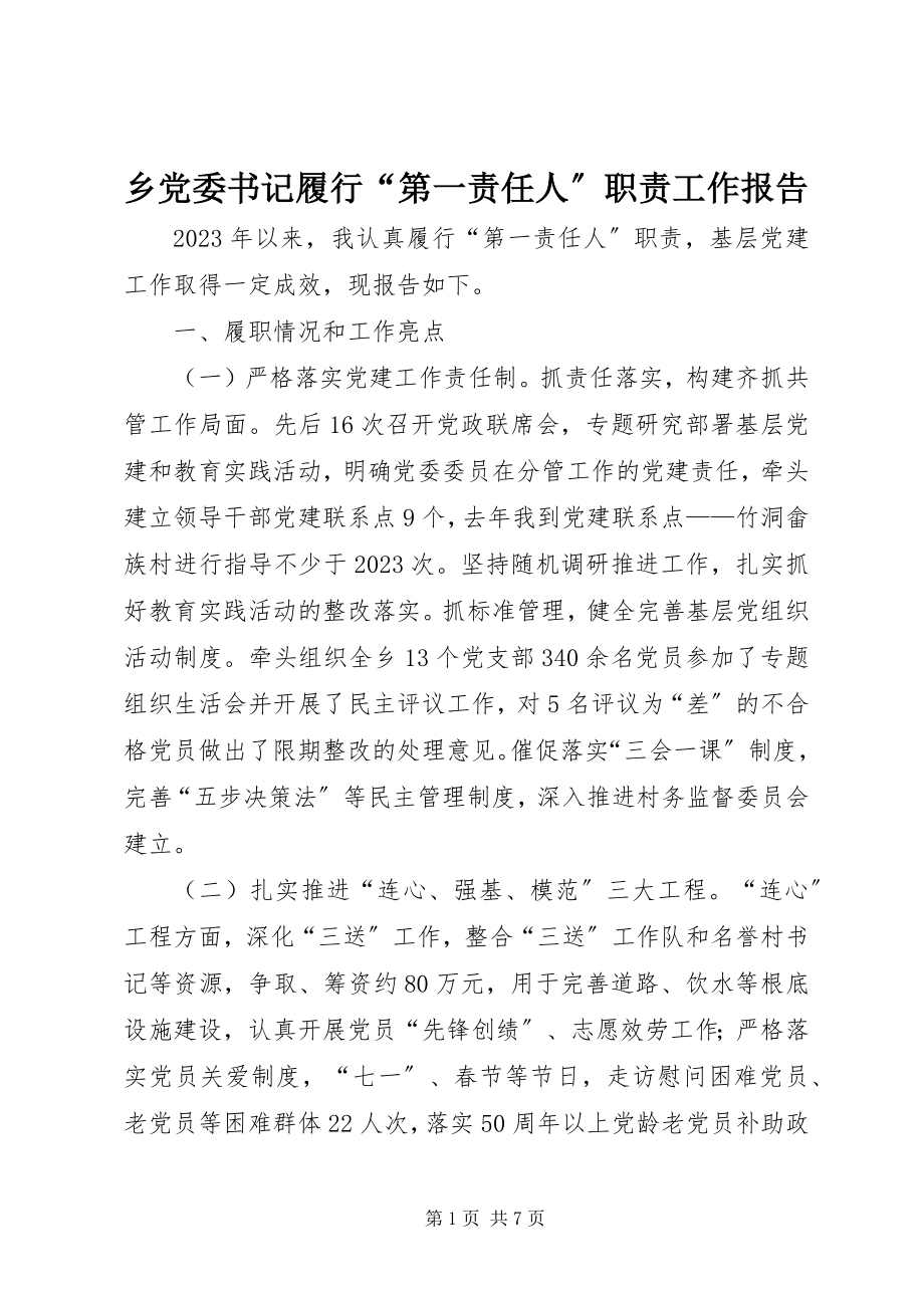 2023年乡党委书记履行“第一责任人”职责工作报告.docx_第1页