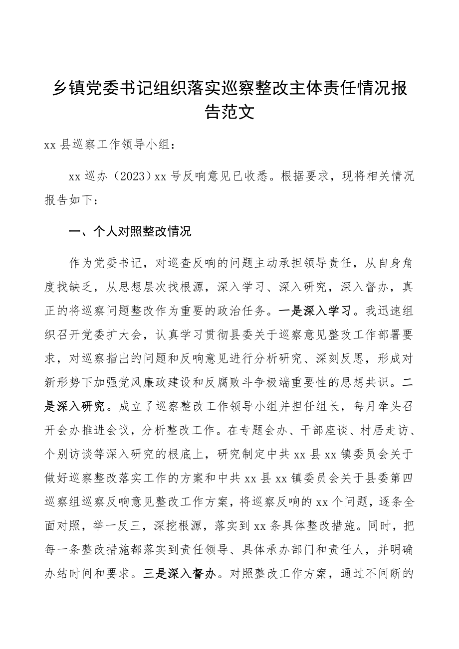 2023年乡镇党委书记组织落实巡察整改主体责任情况报告落实领导责任、主体责任个人工作总结汇报报告.docx_第1页