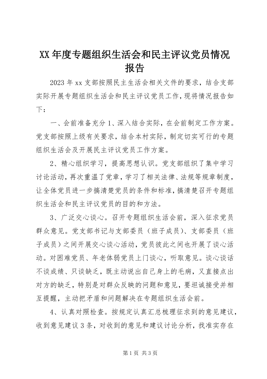 2023年专题组织生活会和民主评议党员情况报告.docx_第1页