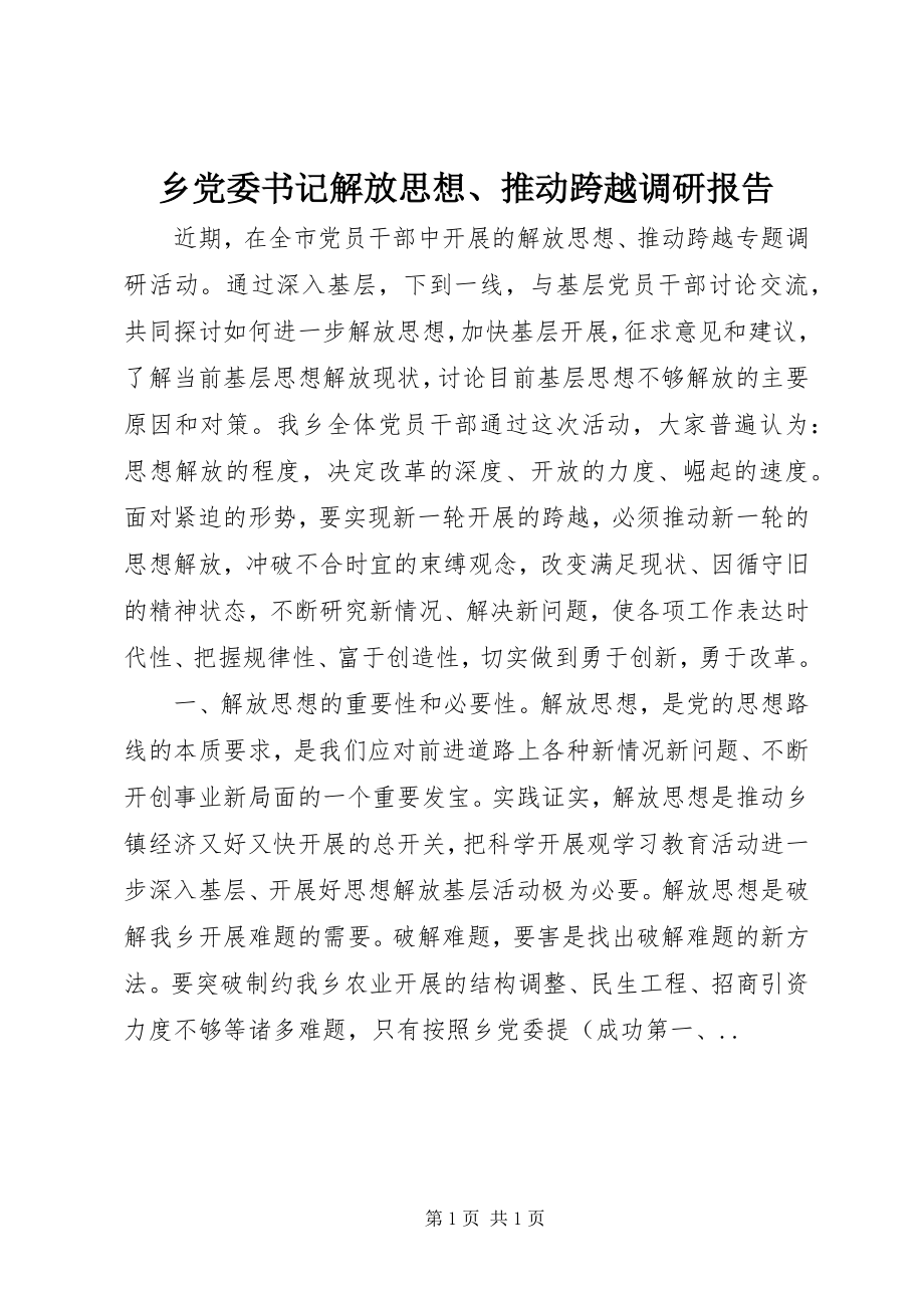 2023年乡党委书记解放思想推动跨越调研报告.docx_第1页