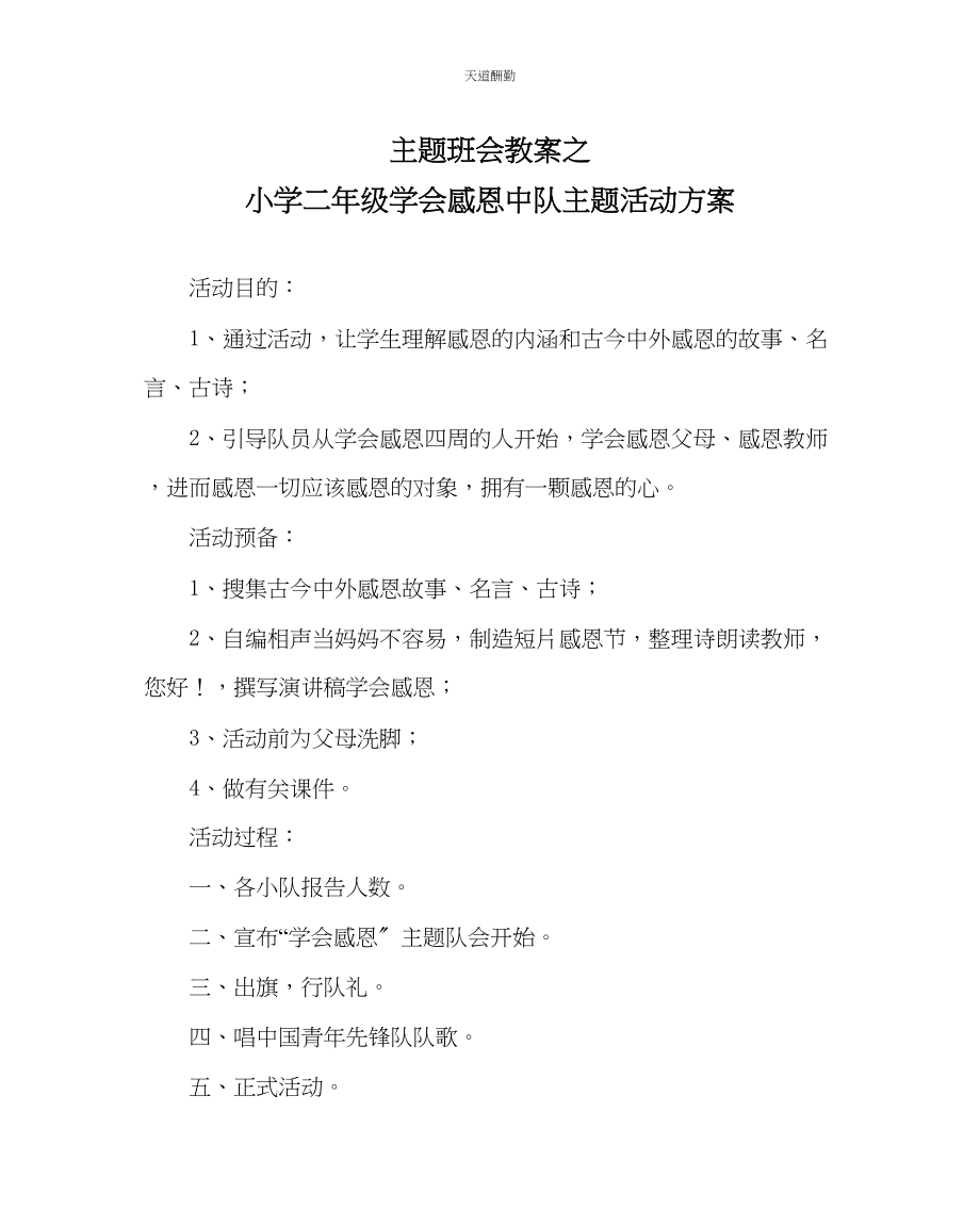 2023年主题班会教案小学二级学会感恩中队主题活动方案.docx_第1页