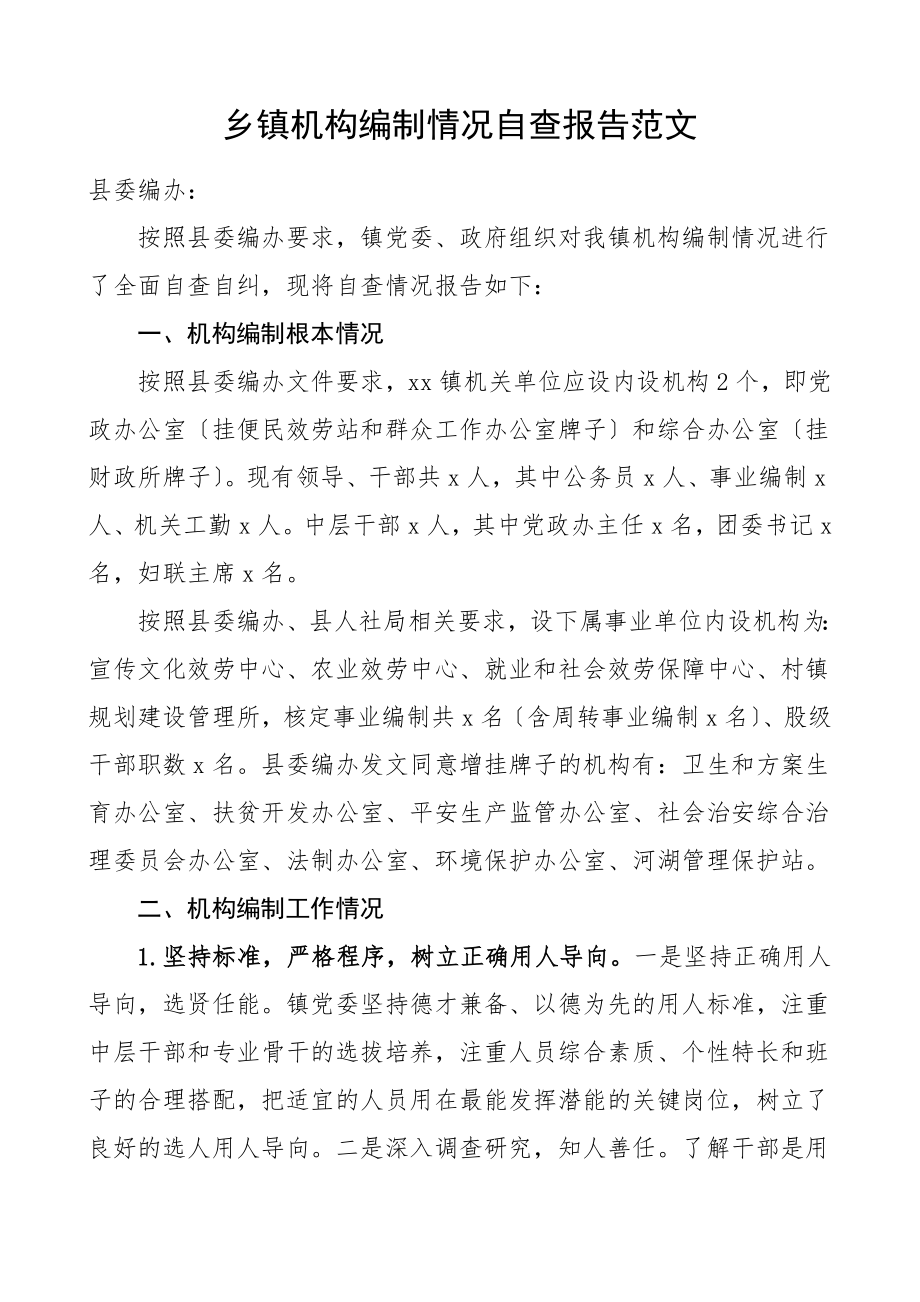 2023年乡镇机构编制情况自查报告工作总结汇报报告范文.doc_第1页