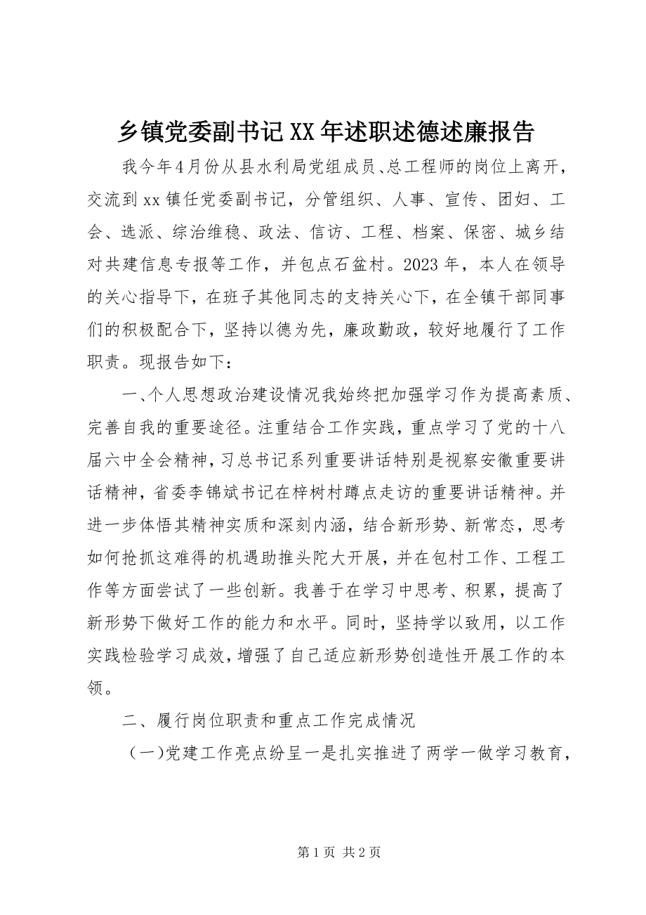 2023年乡镇党委副书记述职述德述廉报告.docx_第1页