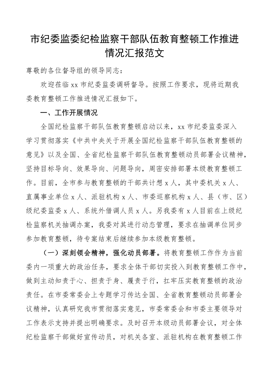 2023年市纪检监察干部队伍教育整顿工作汇报总结报告（范文）.docx_第1页