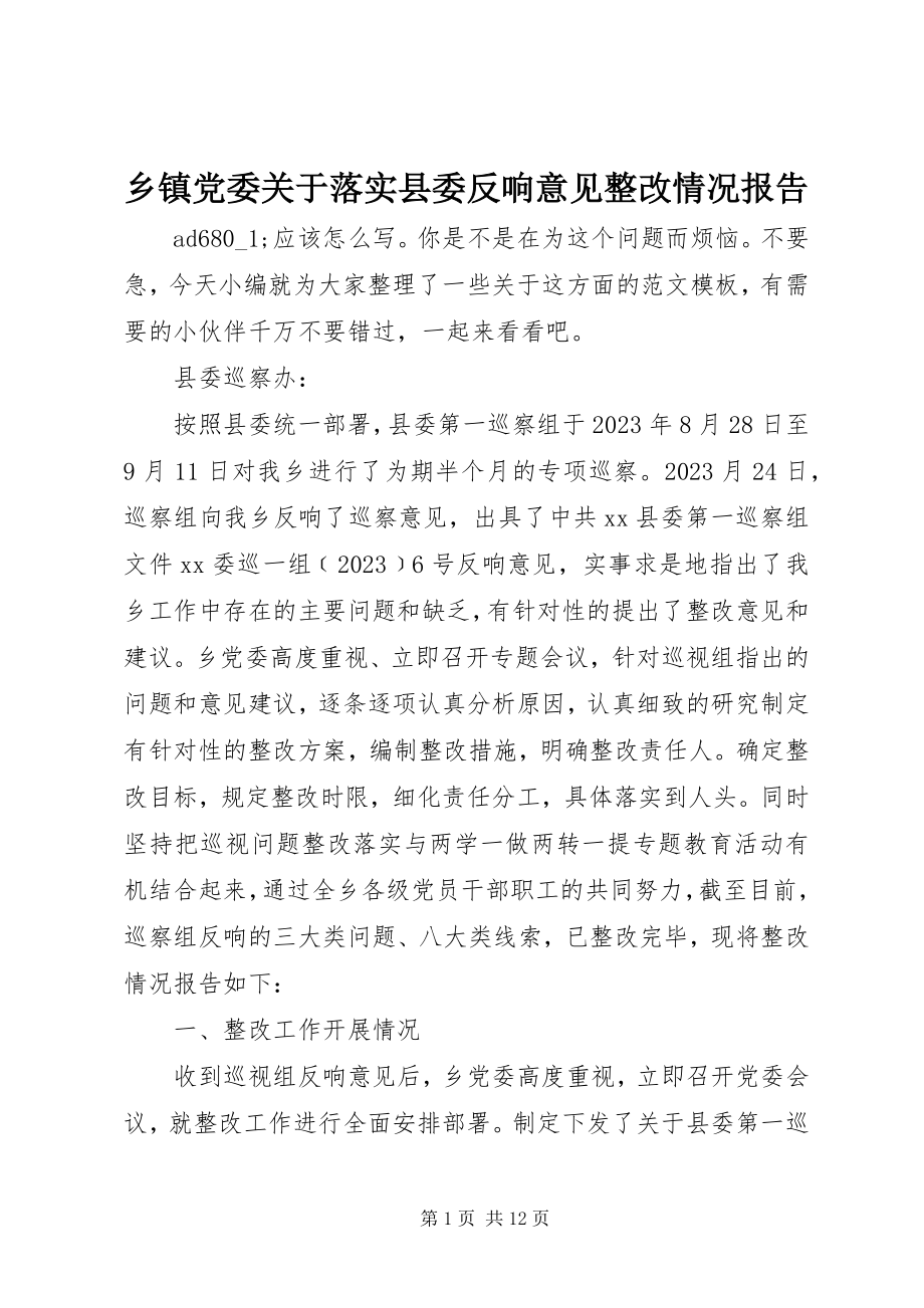 2023年乡镇党委关于落实县委反馈意见整改情况报告.docx_第1页