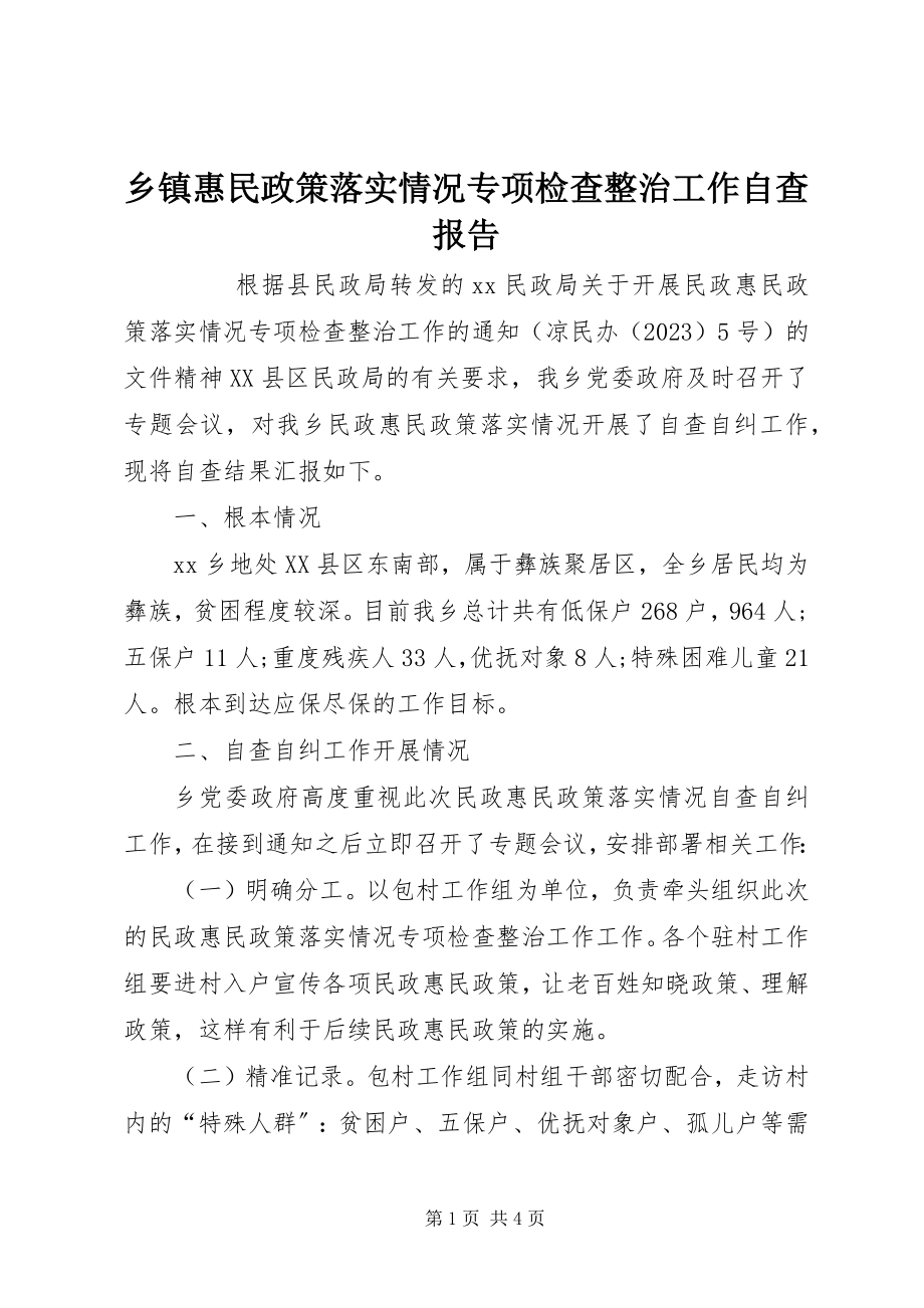 2023年乡镇惠民政策落实情况专项检查整治工作自查报告.docx_第1页