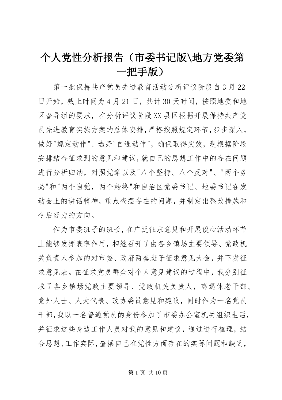 2023年个人党性分析报告（市委书记版地方党委第一把手版）.docx_第1页