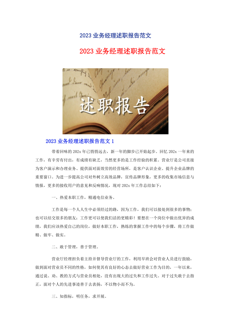 2023年业务经理述职报告.docx_第1页