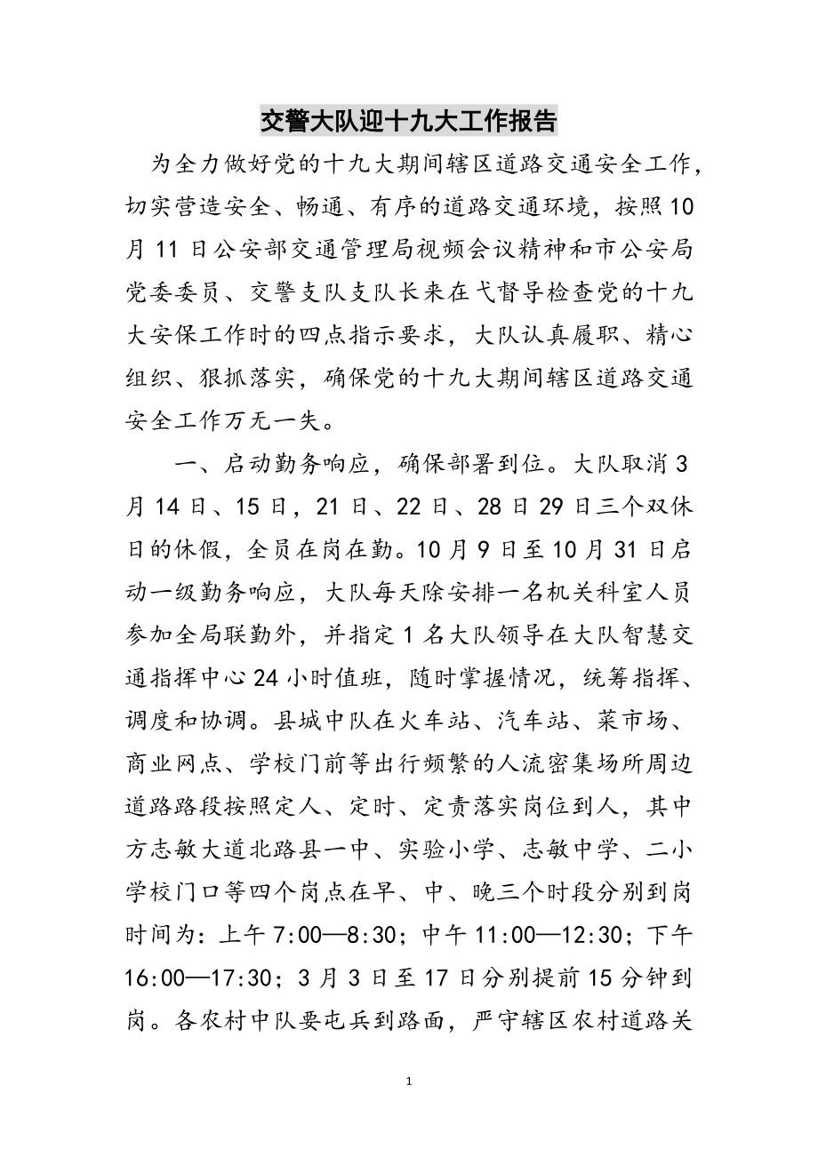 2023年交警大队迎十九大工作报告范文.doc_第1页