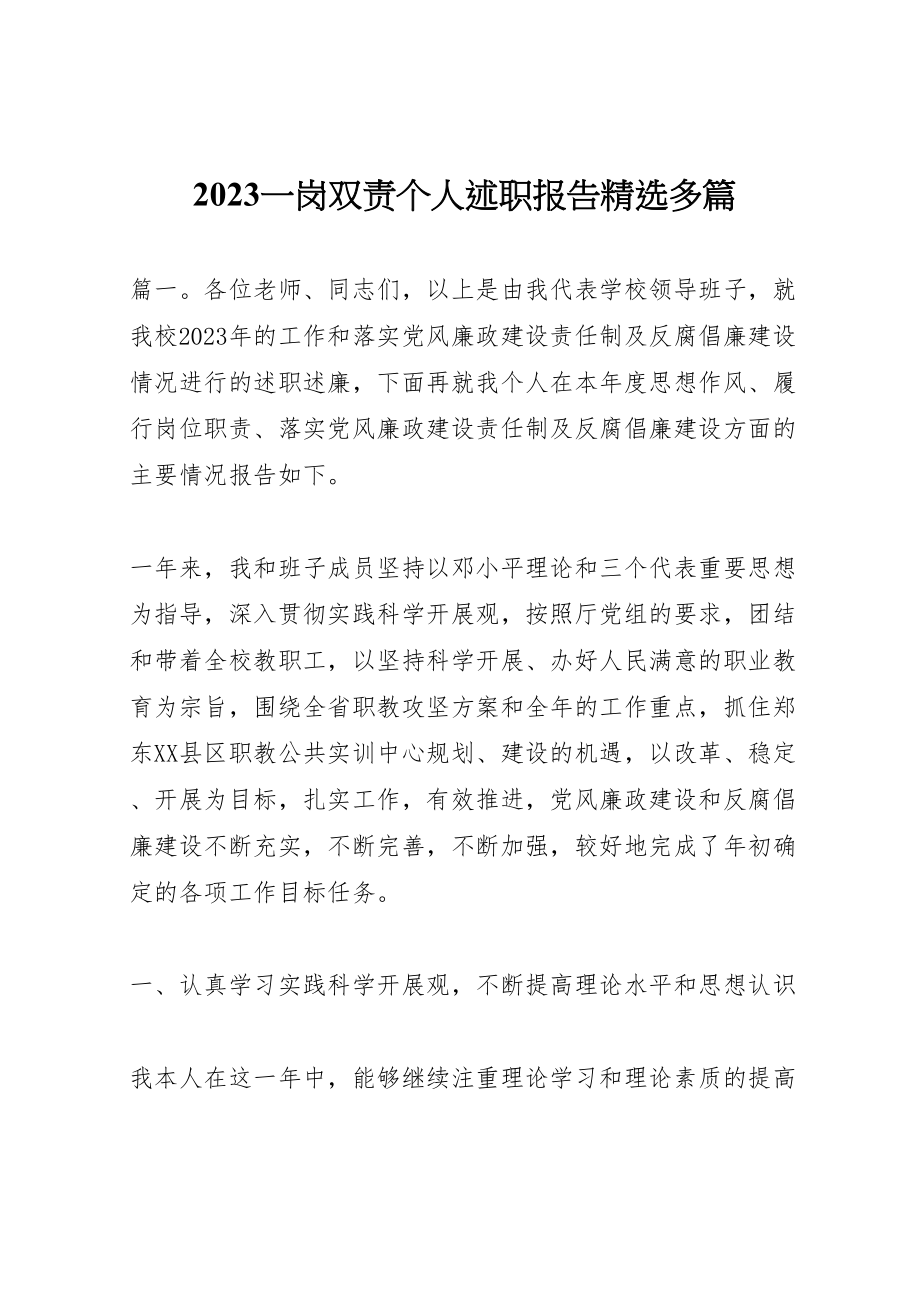 2023年一岗双责个人述职报告精选多篇.doc_第1页