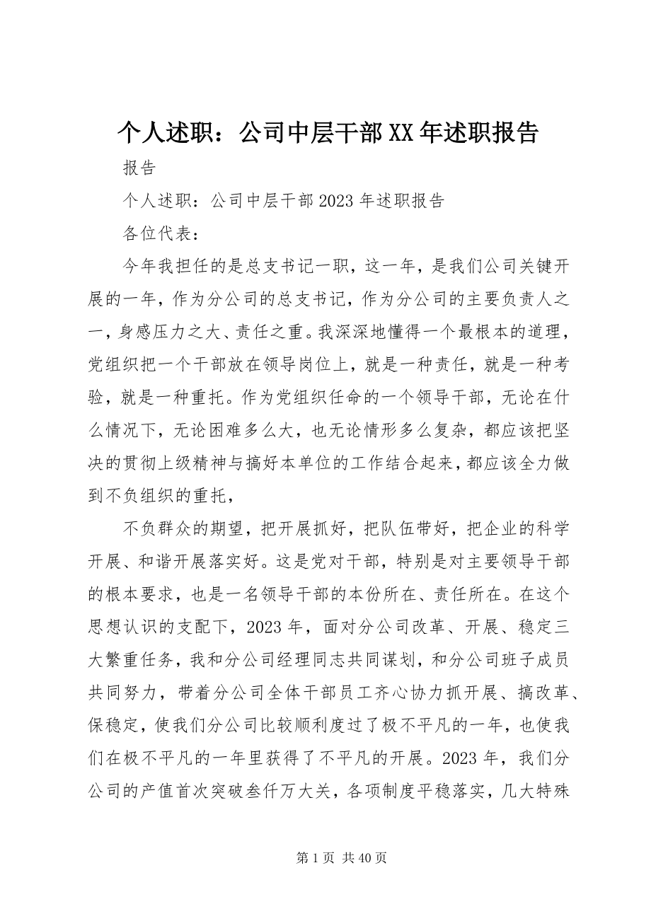 2023年个人述职公司中层干部某年述职报告.docx_第1页