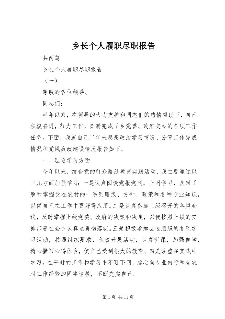 2023年乡长个人履职尽职报告.docx_第1页