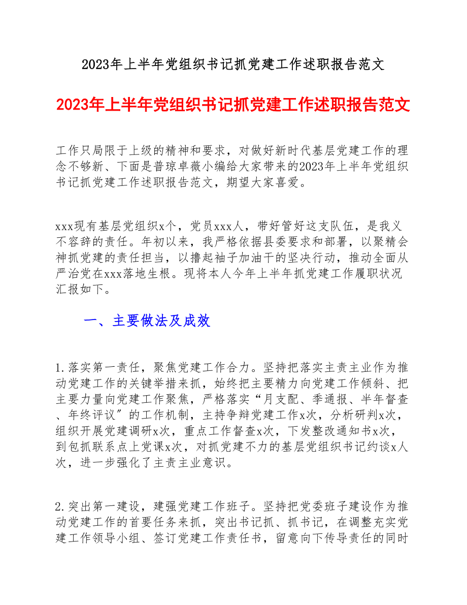 2023年上半年党组织书记抓党建工作述职报告.docx_第1页