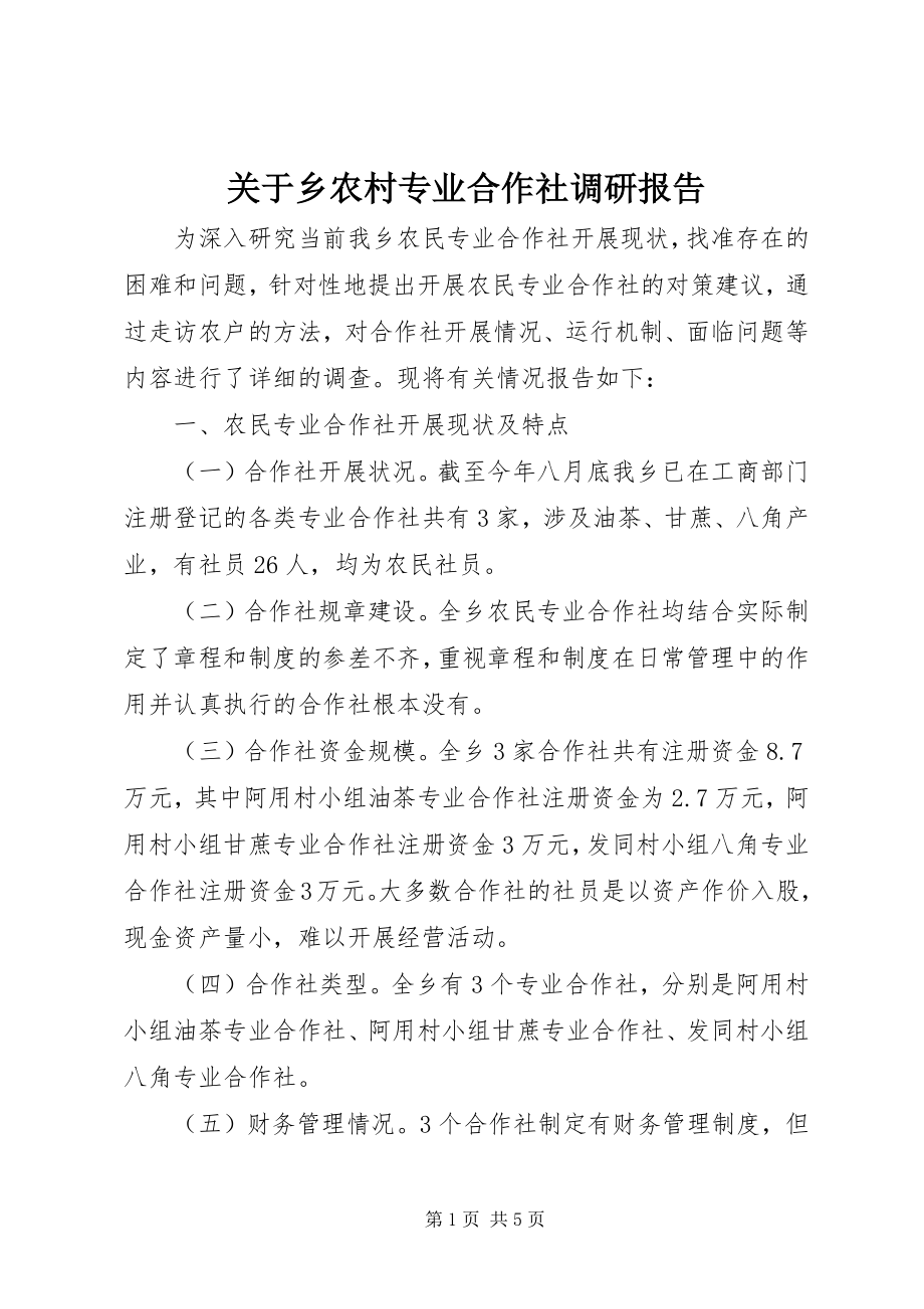 2023年乡农村专业合作社调研报告.docx_第1页