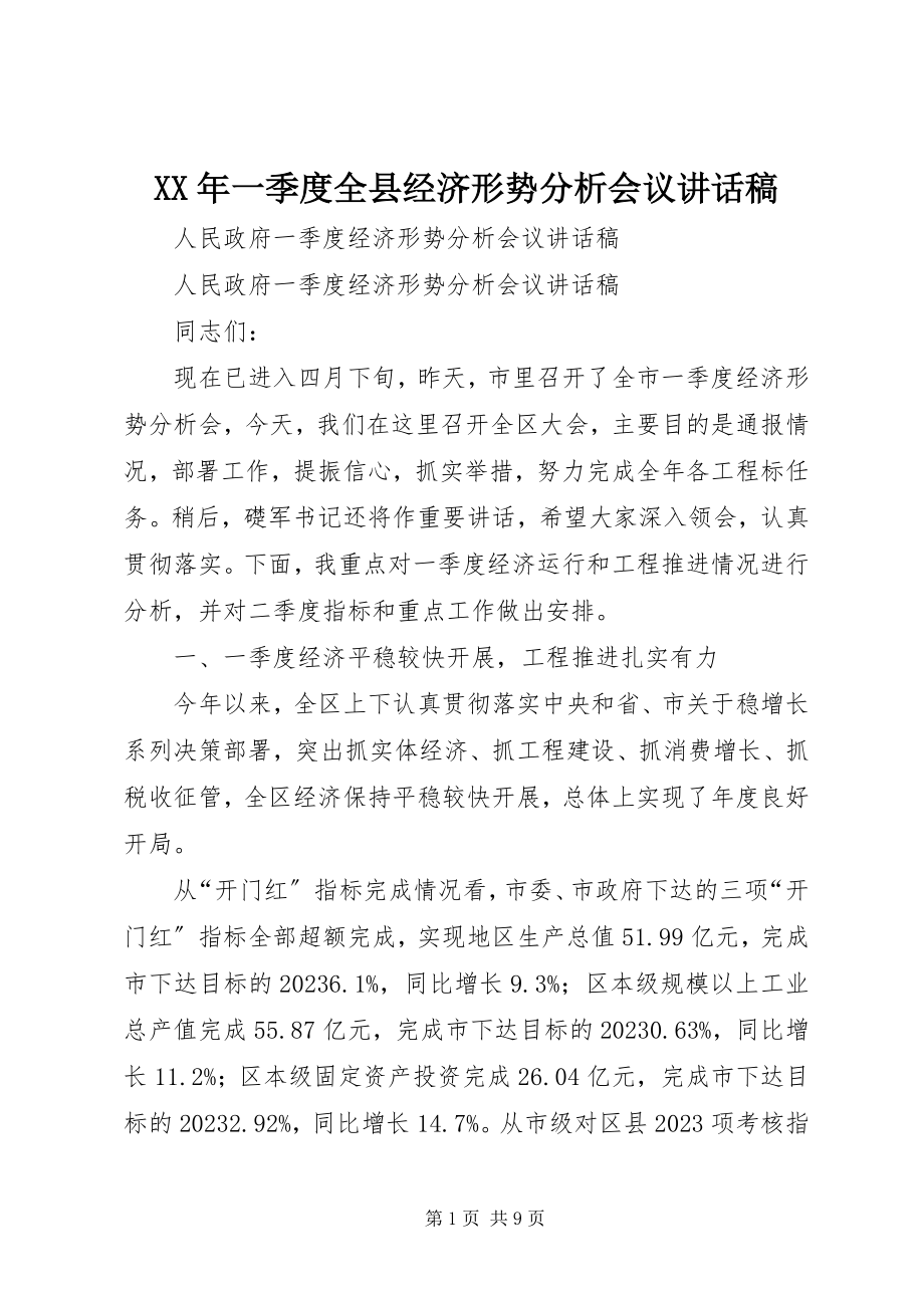 2023年一季度全县经济形势分析会议致辞稿.docx_第1页