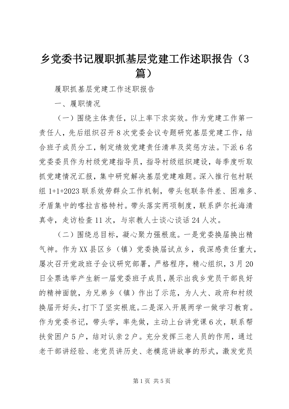 2023年乡党委书记履职抓基层党建工作述职报告（3篇）.docx_第1页