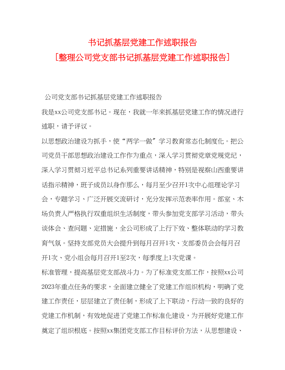 2023年书记抓基层党建工作述职报告 整理公司党支部书记抓基层党建工作述职报告.docx_第1页