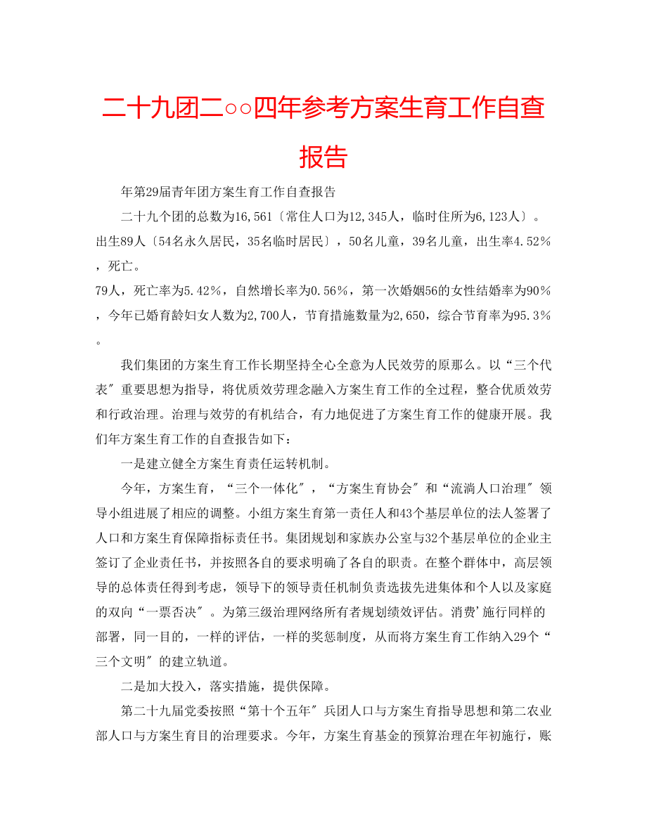 2023年二十九团二○○四计划生育工作自查报告.docx_第1页