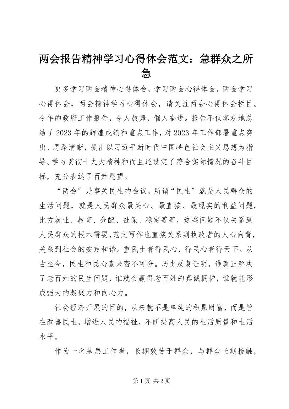 2023年两会报告精神学习心得体会急群众之所急.docx_第1页