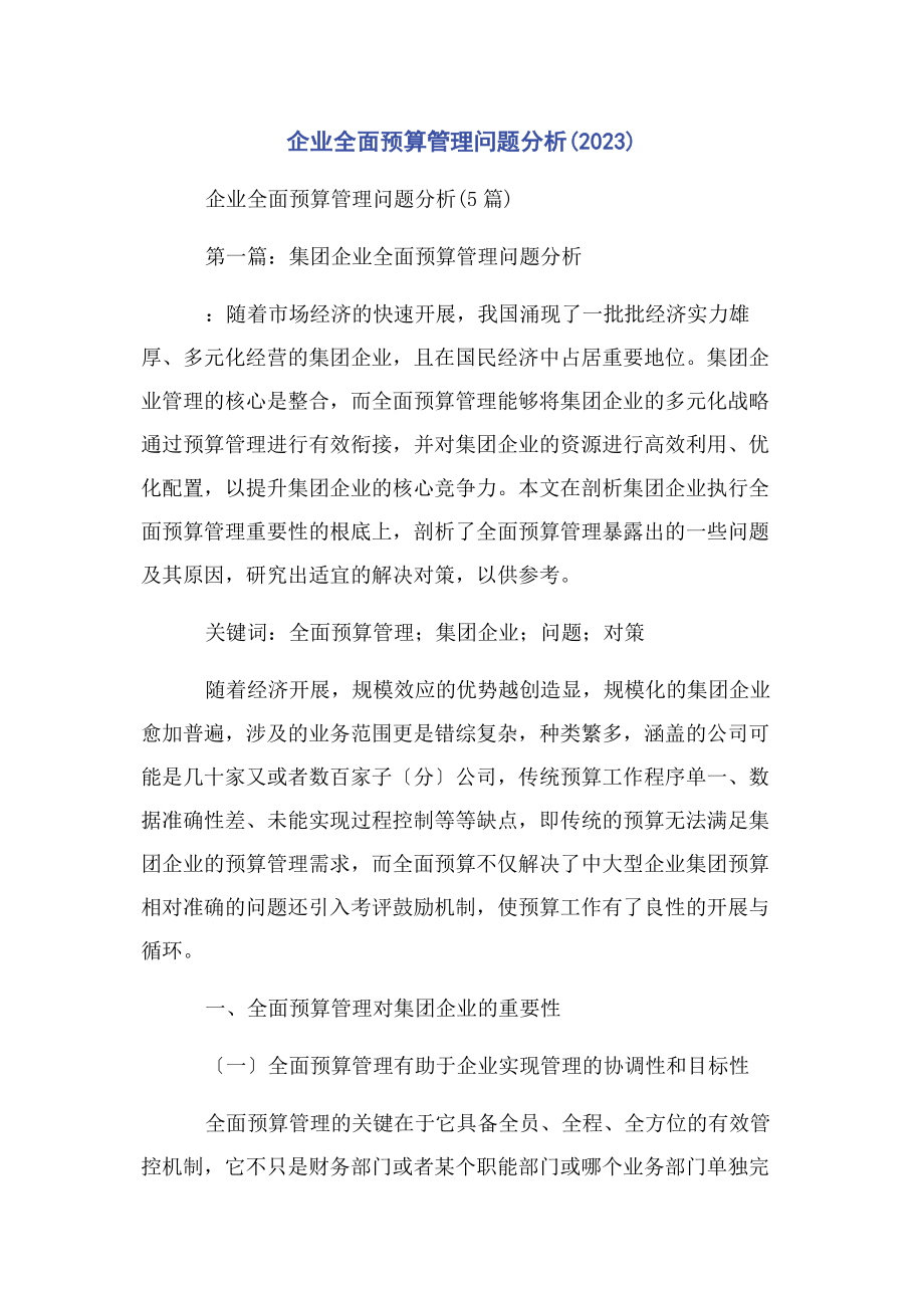 2023年企业全面预算管理问题分析2.docx_第1页