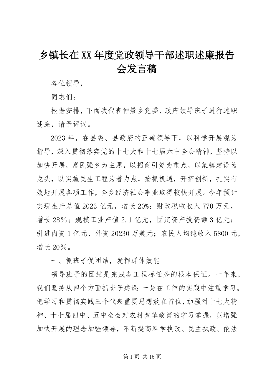 2023年乡镇长在度党政领导干部述职述廉报告会讲话稿.docx_第1页