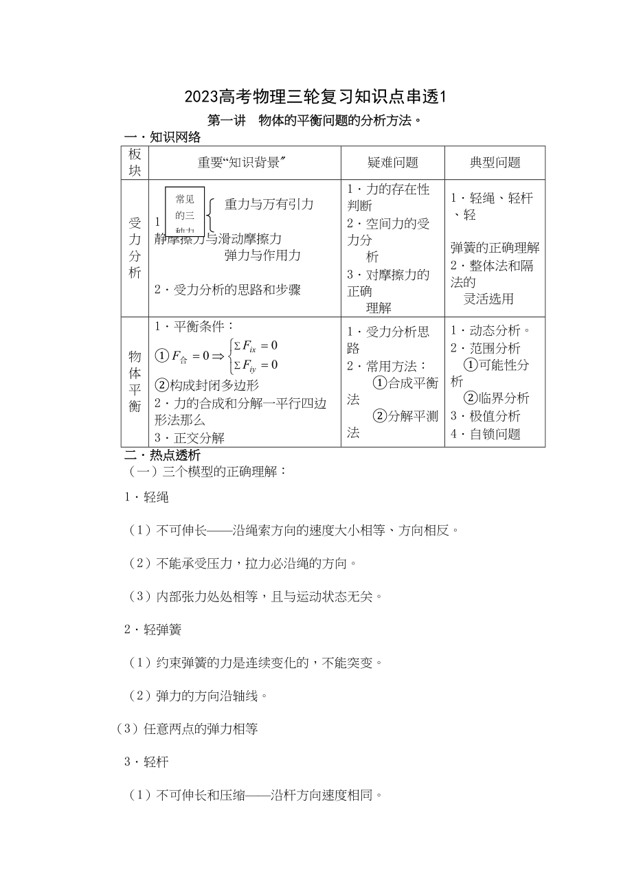 2023年高考物理二轮复习知识点串讲物体的平衡和力与运动各配一套习题与解析doc高中物理.docx_第1页