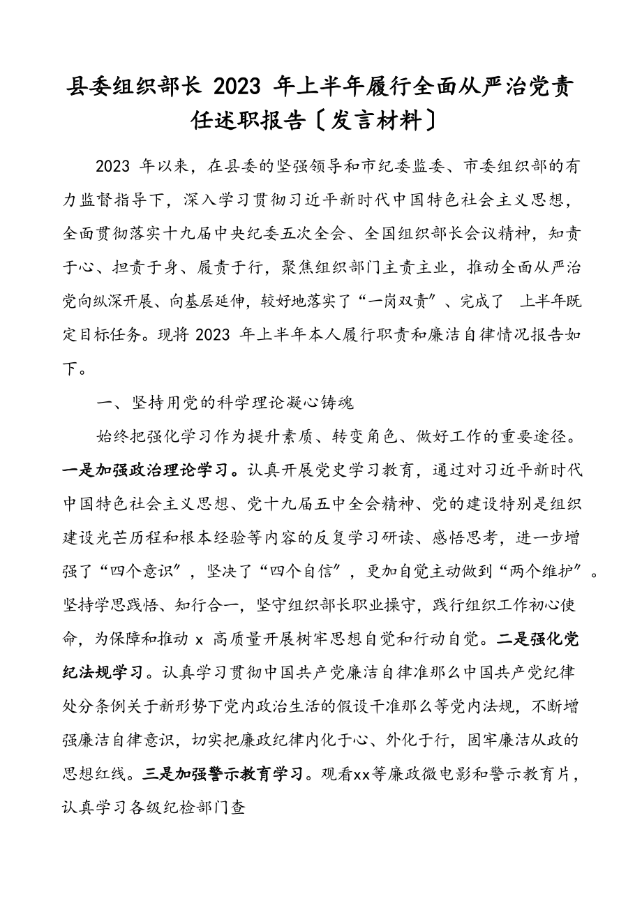 2023年上半年履行全面从严治党责任述职报告发言材料.docx_第1页