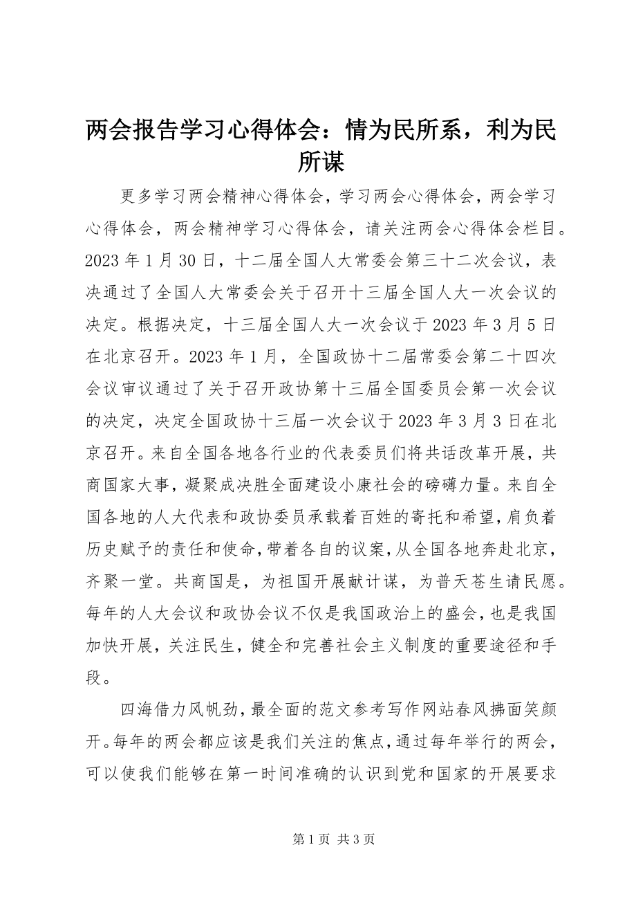 2023年两会报告学习心得体会情为民所系利为民所谋.docx_第1页