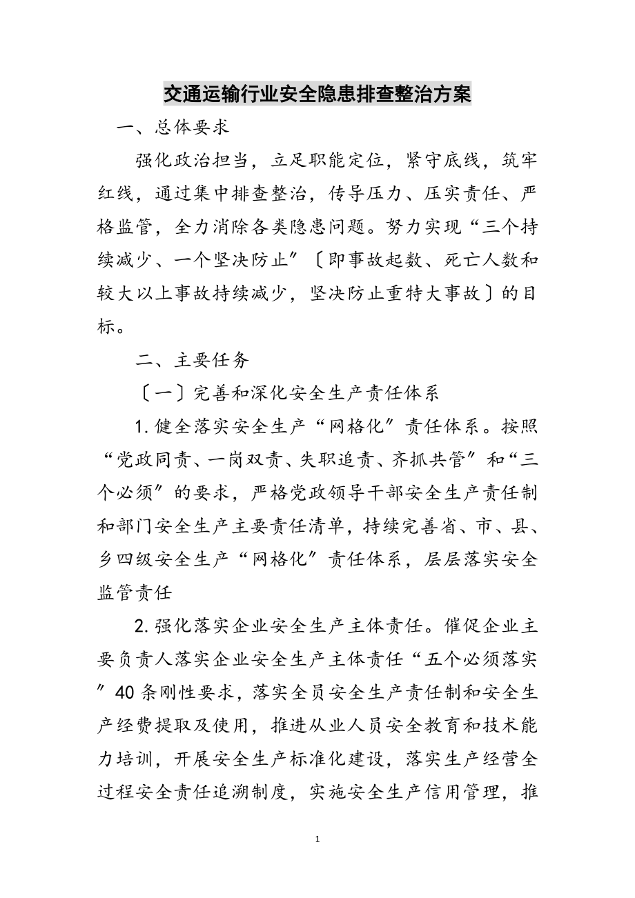 2023年交通运输行业安全隐患排查整治方案范文.doc_第1页