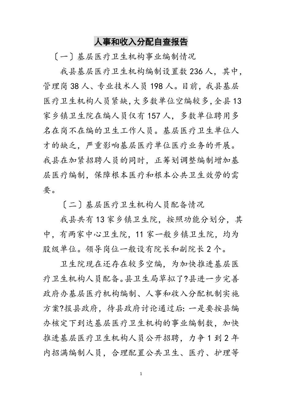 2023年人事和收入分配自查报告范文.doc_第1页